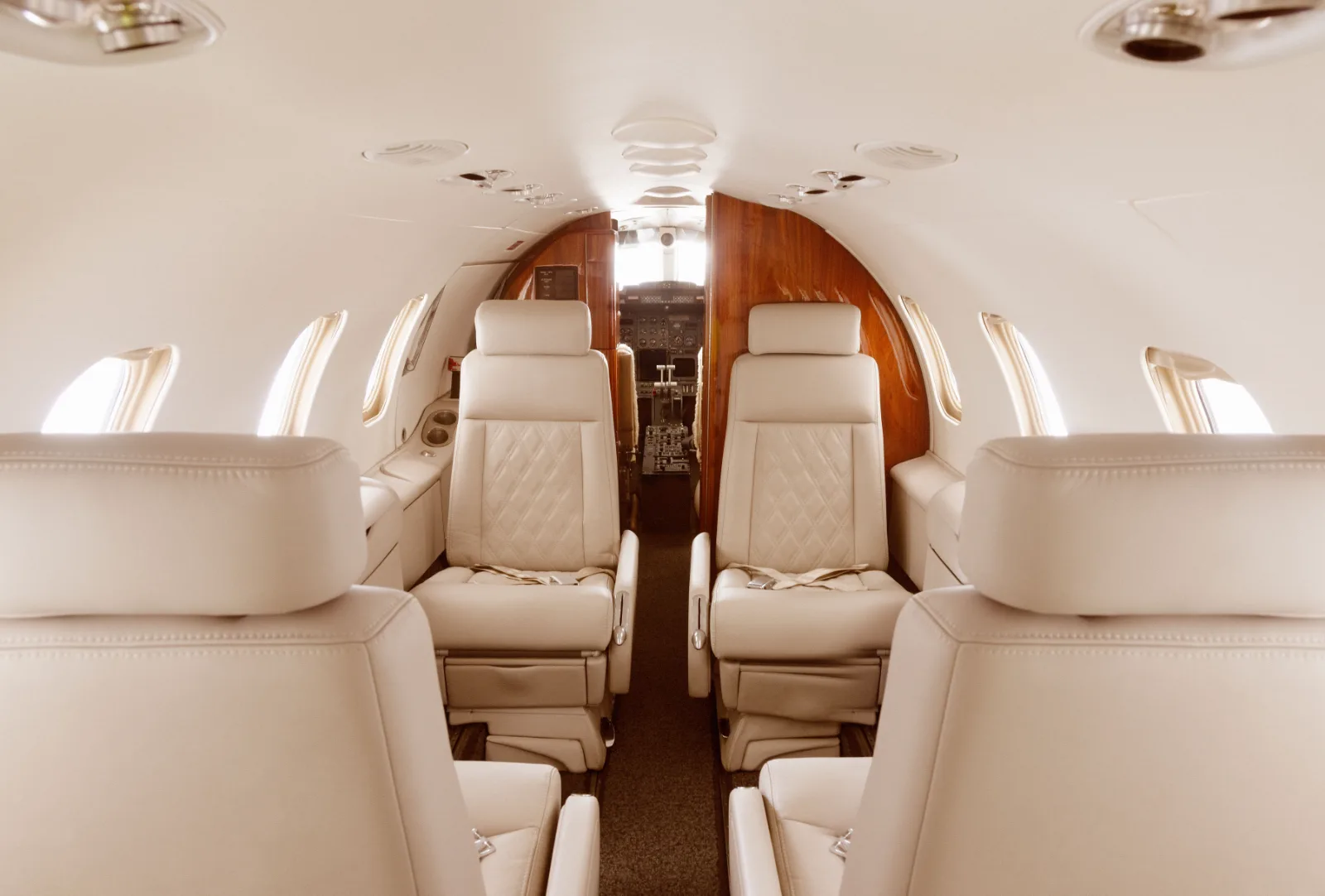 Interior de la cabina de un jet administrado por SAE con asientos de piel